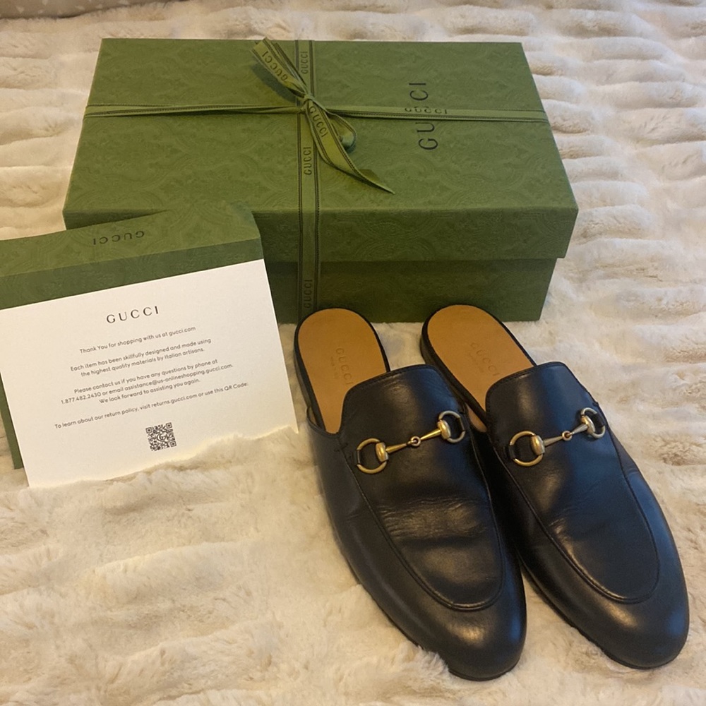 GUCCI Black Leather Slipper Mule w/ Iconic Gold Horse-bit. Size 39